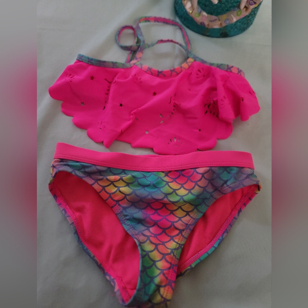Pink Ruffle Bikini Set with Rainbow Scales